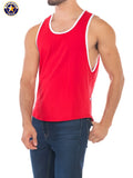 A red american jack deep armhole tank top with white trim designed for sports and active wear