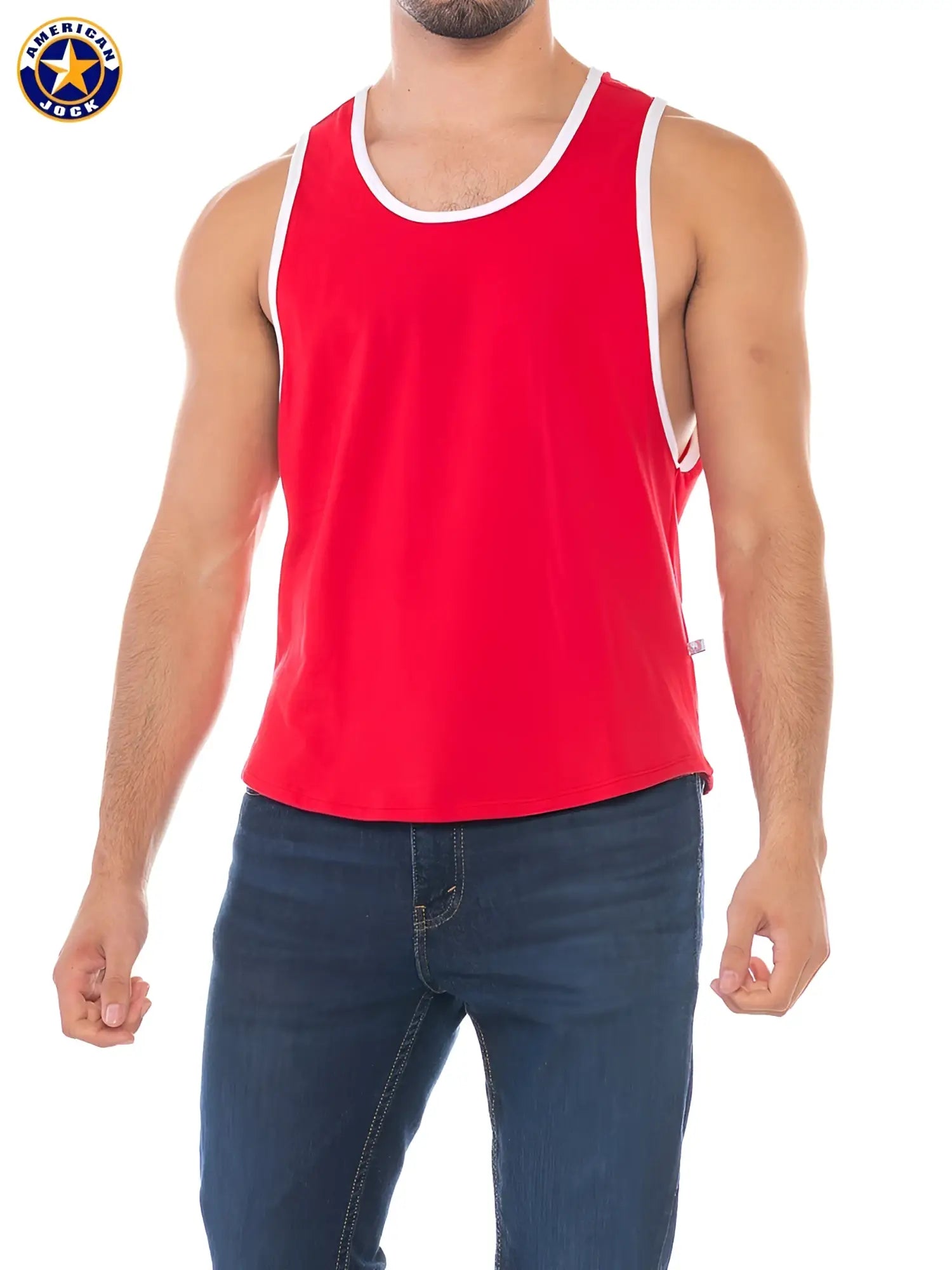 A j sports deep armhole tank top in red with white trim featuring a red American Jack design