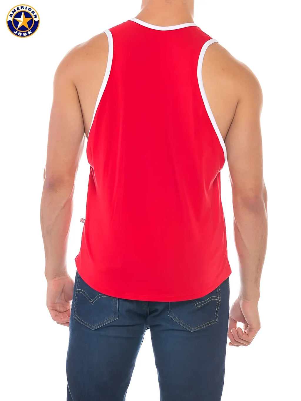 Red American jack deep armhole tank top with white trim designed for sports and active wear