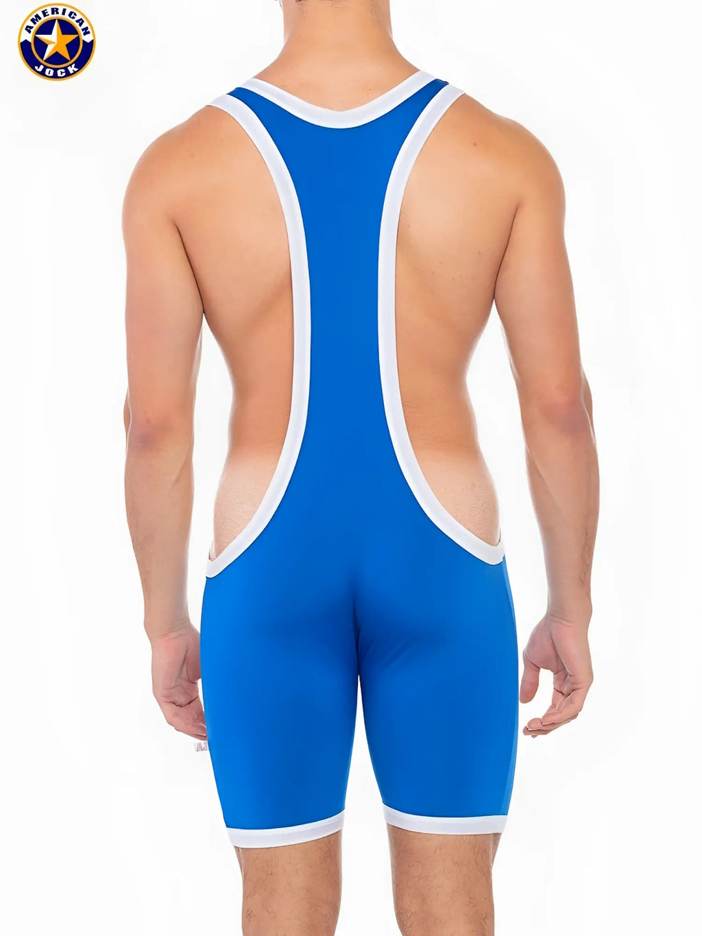 A j sports freestyle singlet in blue american jock style with white trim designed for wrestling use