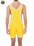 A J Sports freestyle singlet bright yellow american lock wrestling singlet with white trim on neckline armholes and legs