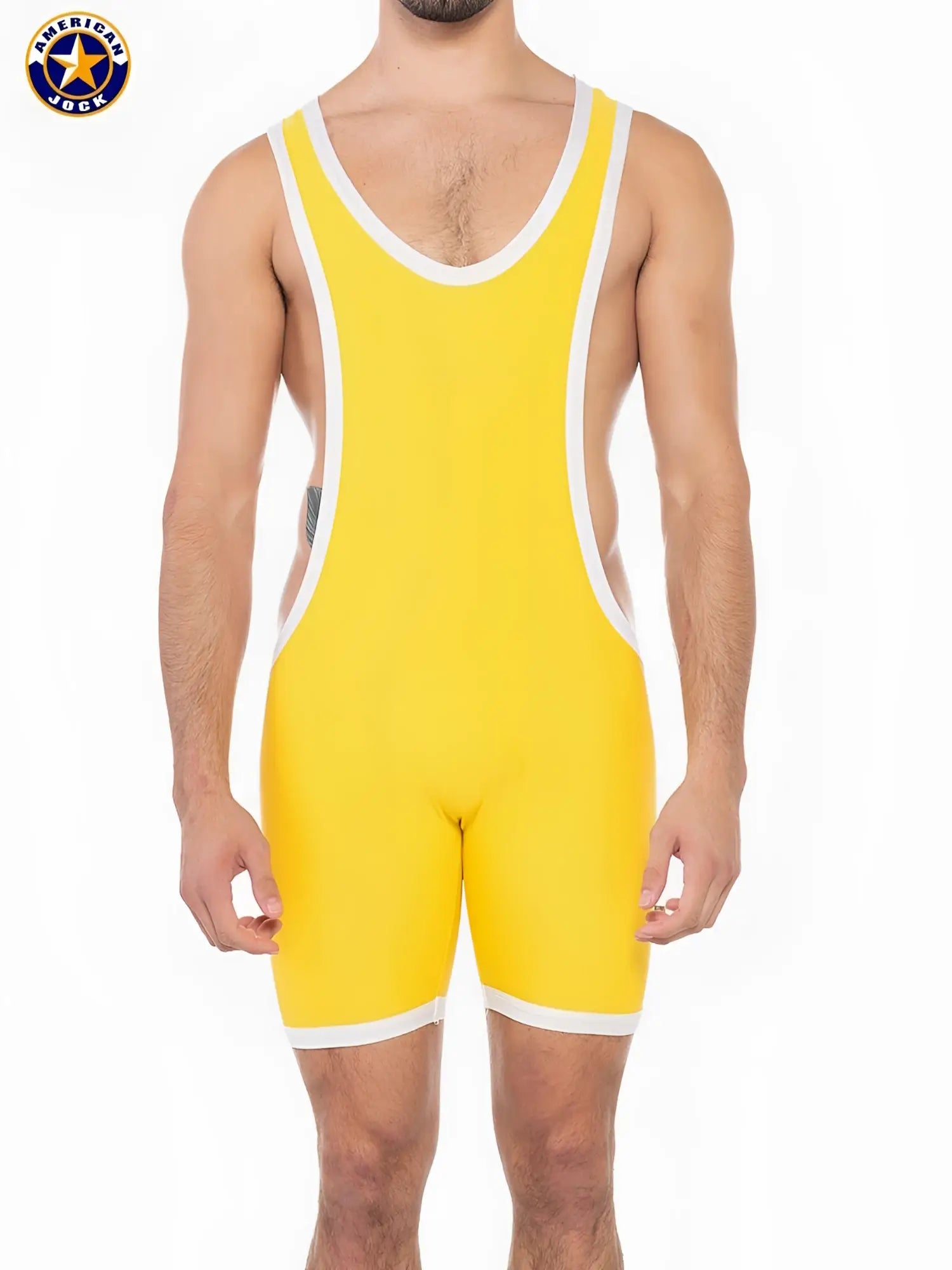 A J Sports freestyle singlet bright yellow american lock wrestling singlet with white trim on neckline armholes and legs