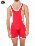 A j sports freestyle singlet in red american gear with white trim designed for wrestling