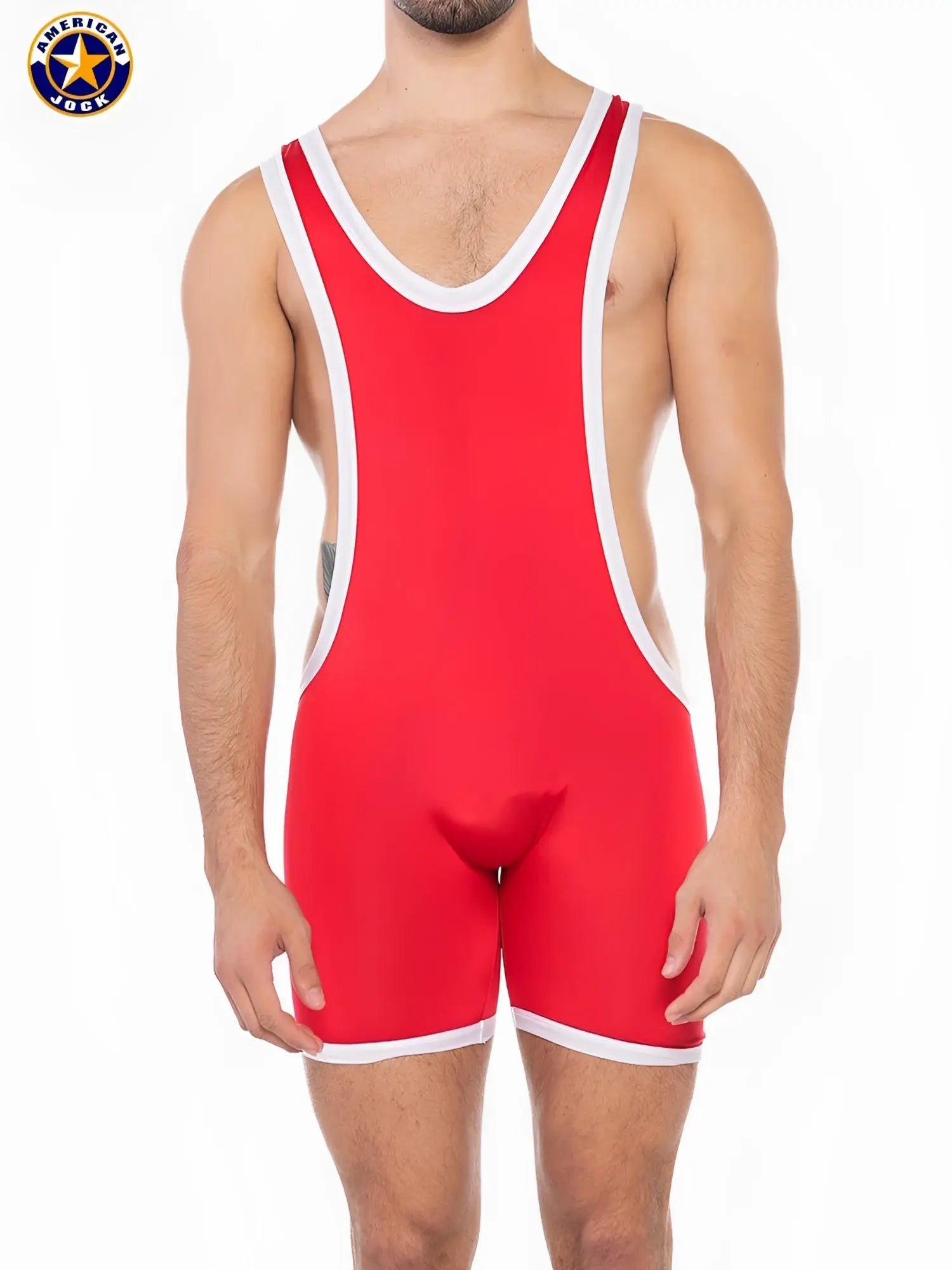 A j sports freestyle singlet in red american gear with white trim designed for wrestling