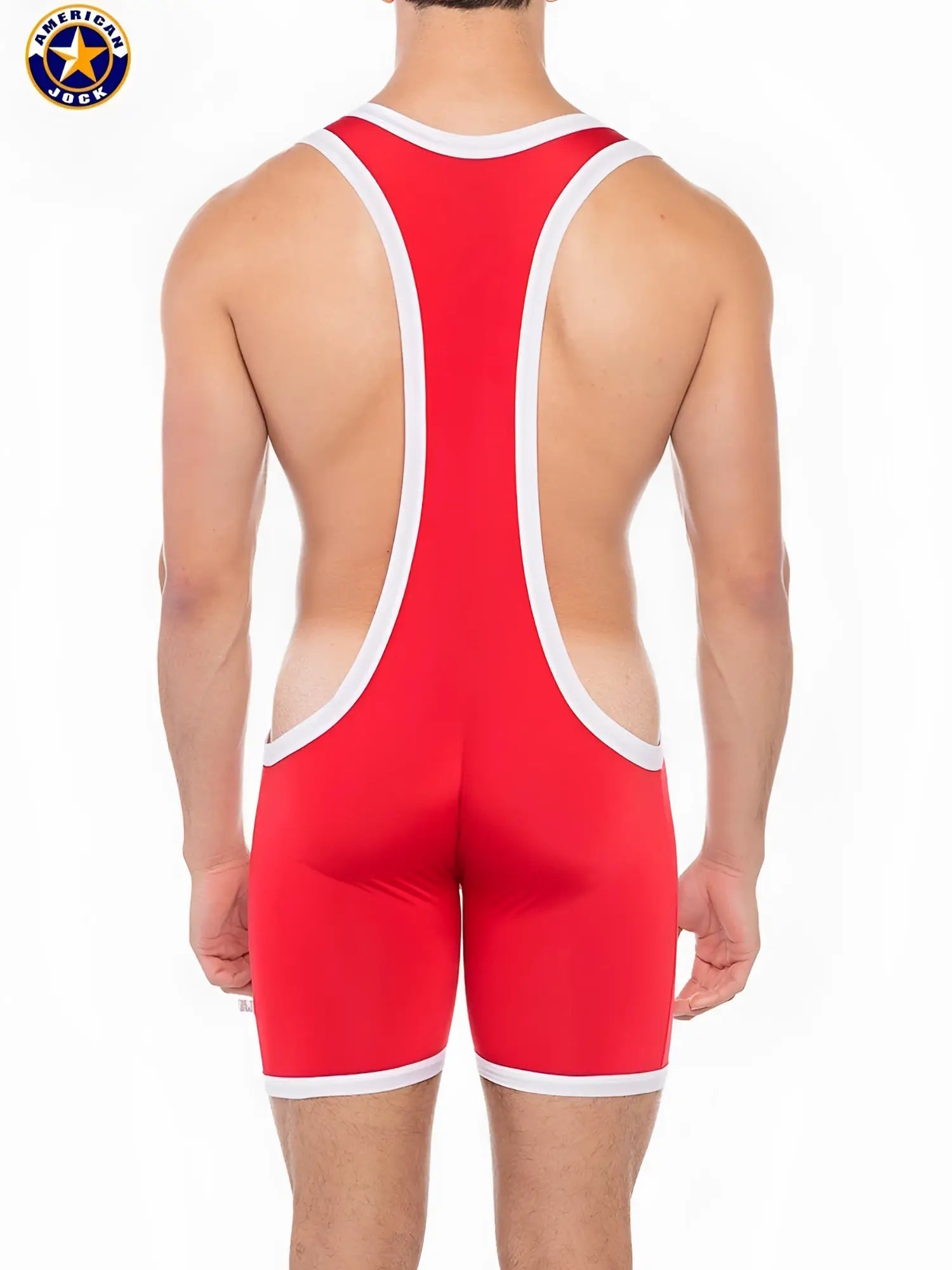 Red american jock wrestling singlet with white trim and cutout back shown from the back for aj sports freestyle use