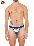 Blue and white A J Sports jockstrap with a bold logo waistband designed for athletic support and comfort