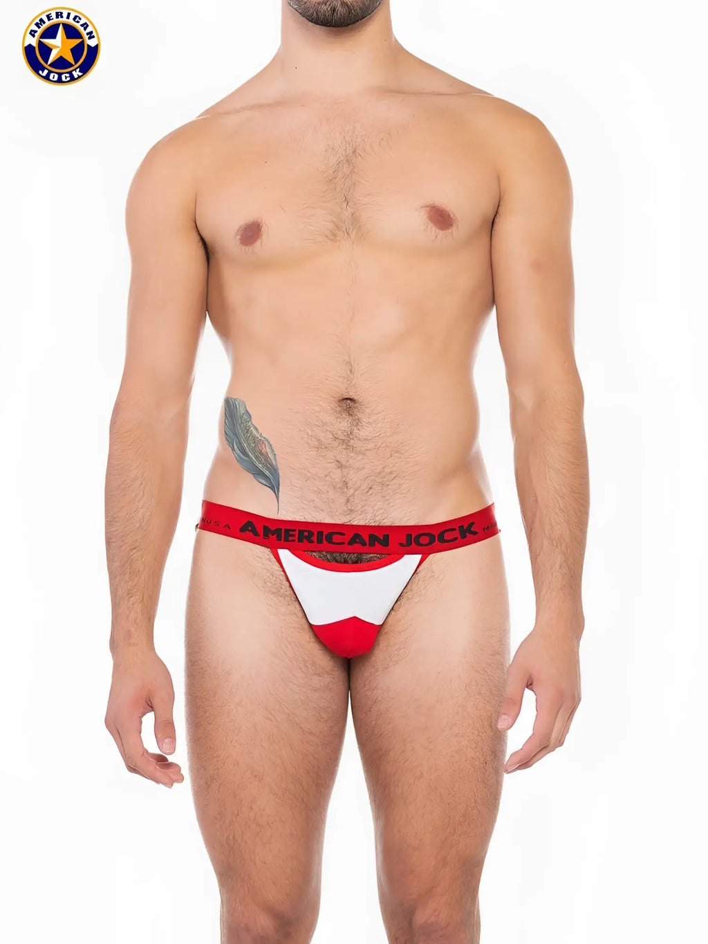 Red and white A J sports jockstrap briefs featuring a bold color scheme and branded design for athletic support