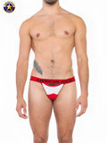 Red and white A J sports jockstrap briefs featuring a bold color scheme and branded design for athletic support