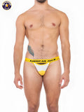 Yellow and white american jock brand jockey briefs with bold black logo band in a j sports jockstrap design