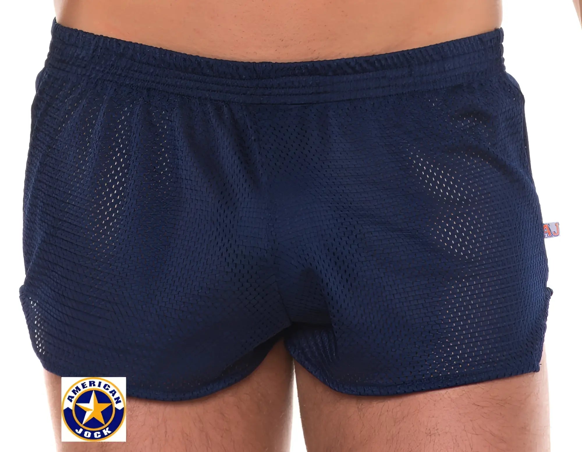 Navy blue A J Sports mesh athletic shorts with an elastic waistband and a small side brand tag