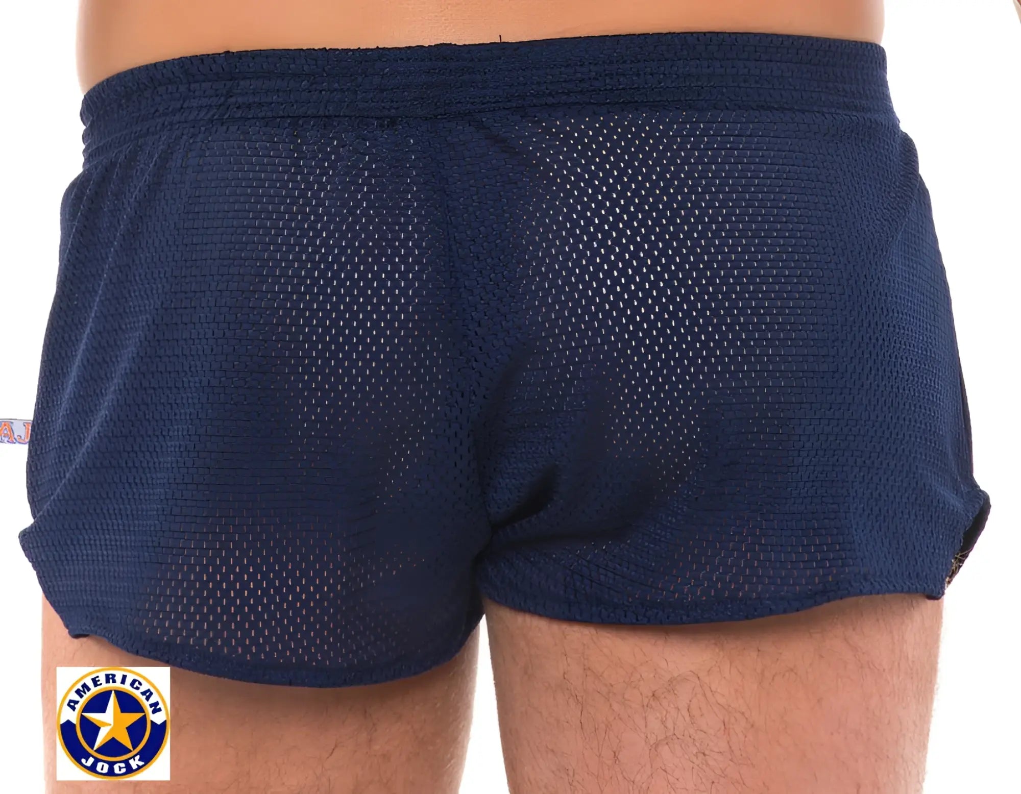 A j sports mesh short navy blue athletic shorts with elastic waistband and american jock logo on lower left leg