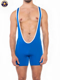 Blue american jock wrestling singlet by a j sports with white trim designed for athletic performance