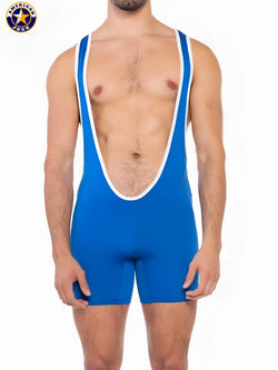 Blue american jock wrestling singlet by a j sports with white trim designed for athletic performance