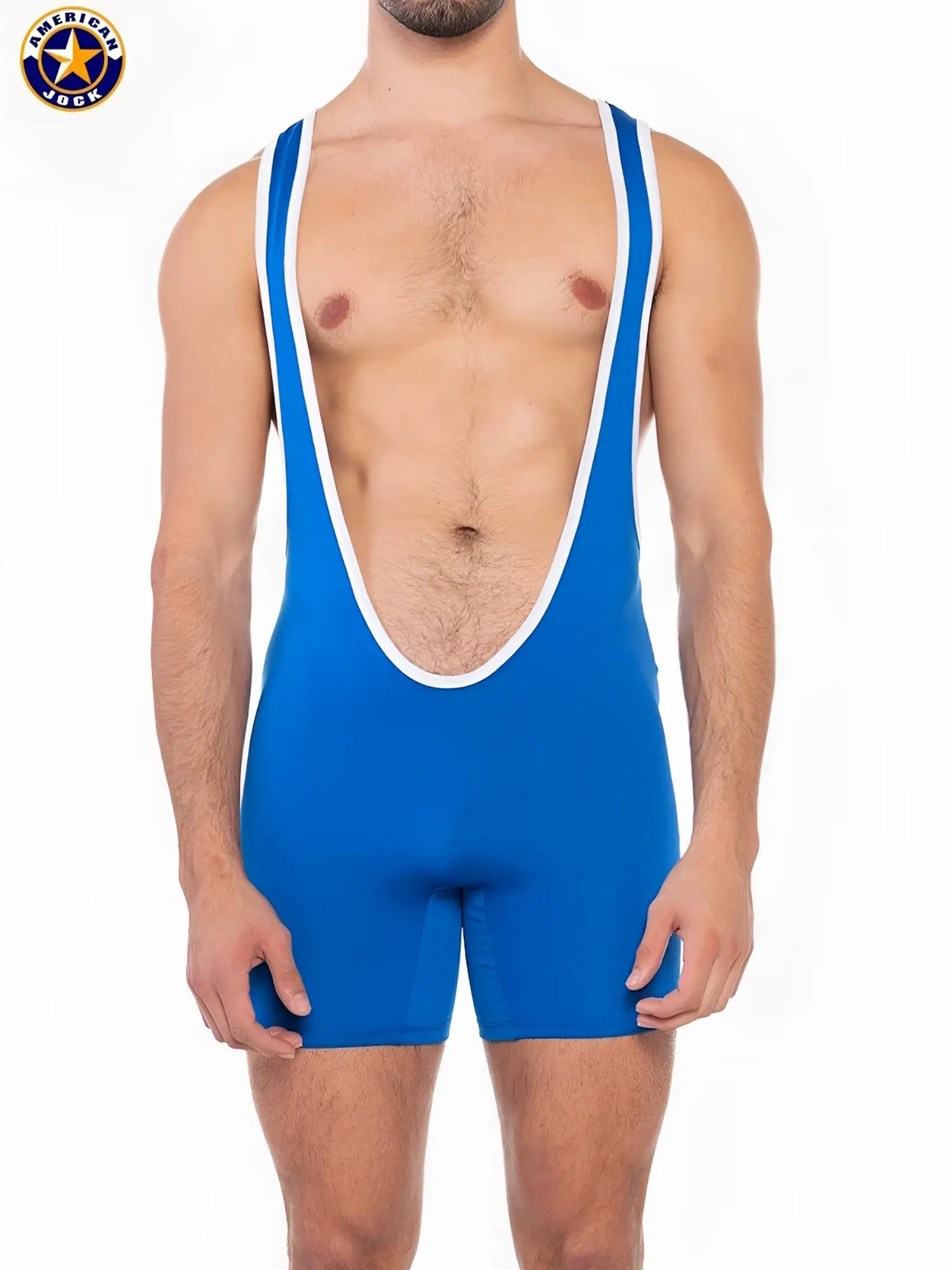 Blue american jock wrestling singlet by a j sports with white trim designed for athletic performance