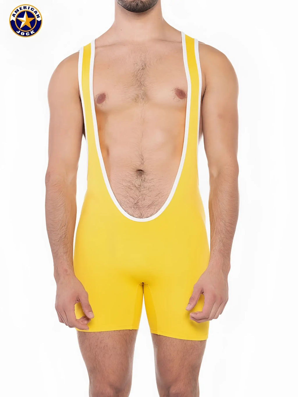 Bright yellow american lock wrestling singlet with white trim by aj sports designed for competitive wrestling