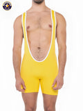 Bright yellow american lock wrestling singlet with white trim by aj sports designed for competitive wrestling