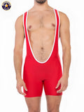 Red american jock wrestling singlet with white trim from a j sports scoop singlet collection