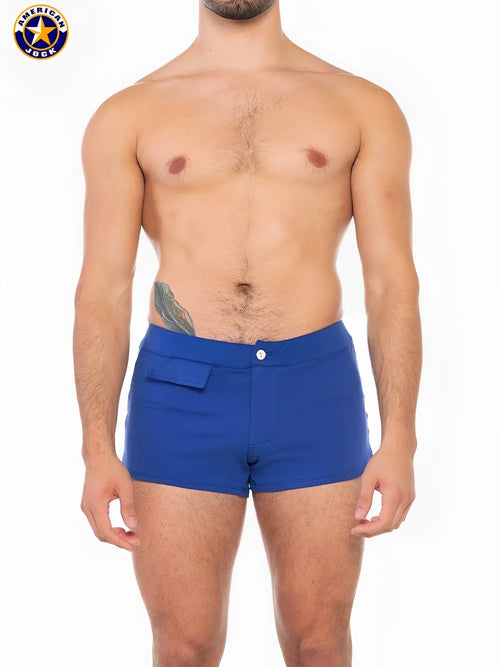 A J Sports short blue American jack swim trunks with front pocket and white button for casual beachwear
