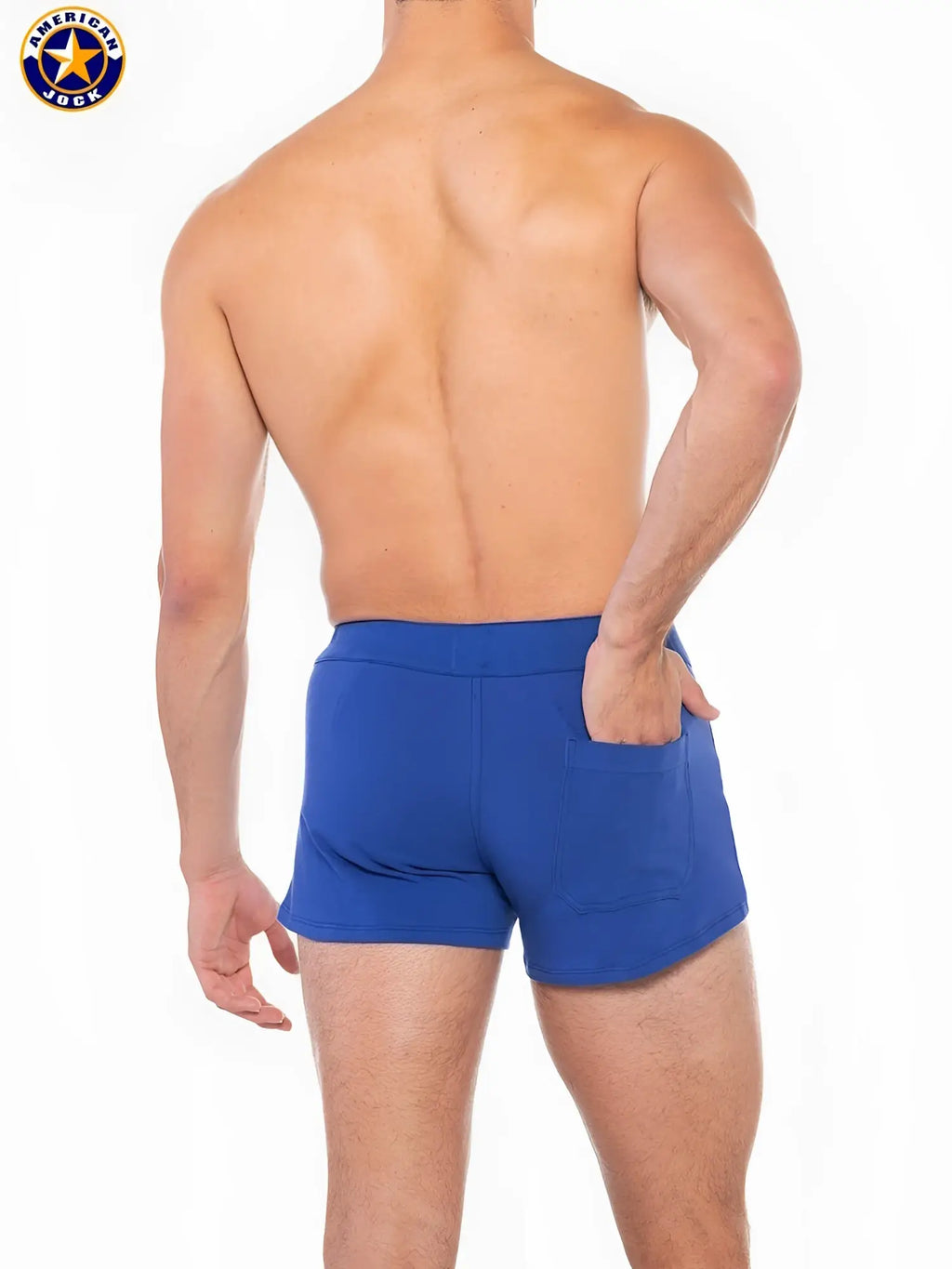 Blue american jock men’s shorts with fitted waistband and side pockets designed for sports and casual wear