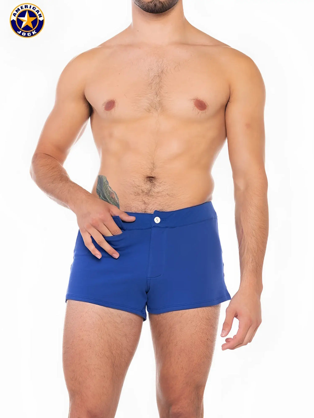 Blue american jock swim trunks with white button closure from a j sports short collection for athletic use