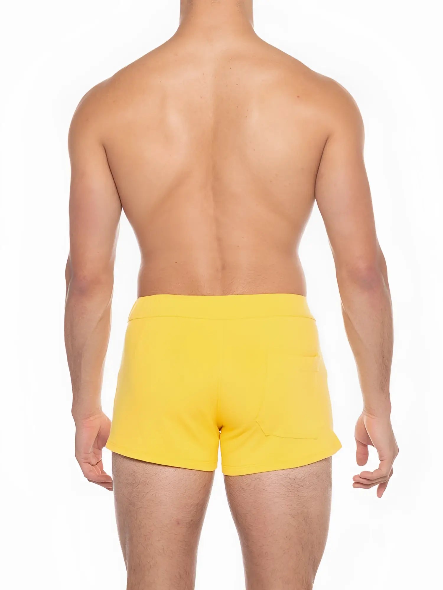 A j sports bright yellow athletic shorts with snug fit and small back pocket shown from the back side