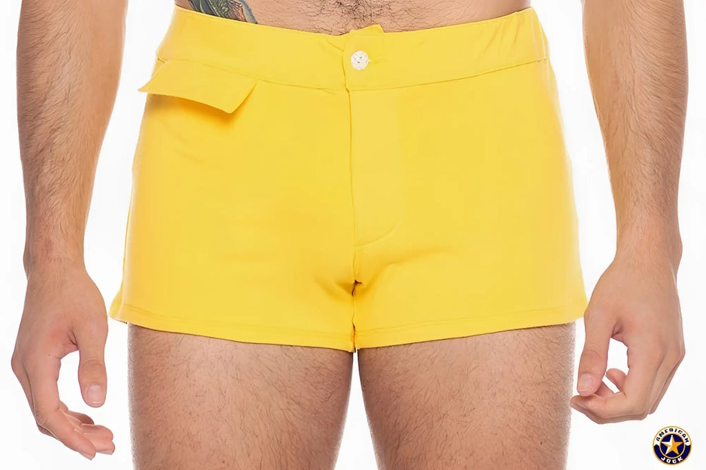 A j sports short bright yellow high-waisted swim trunks with white button closure and side flap pocket