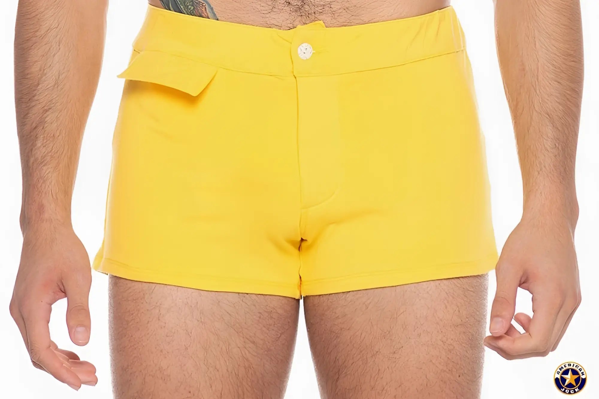 A j sports short bright yellow high-waisted swim trunks with white button closure and side flap pocket