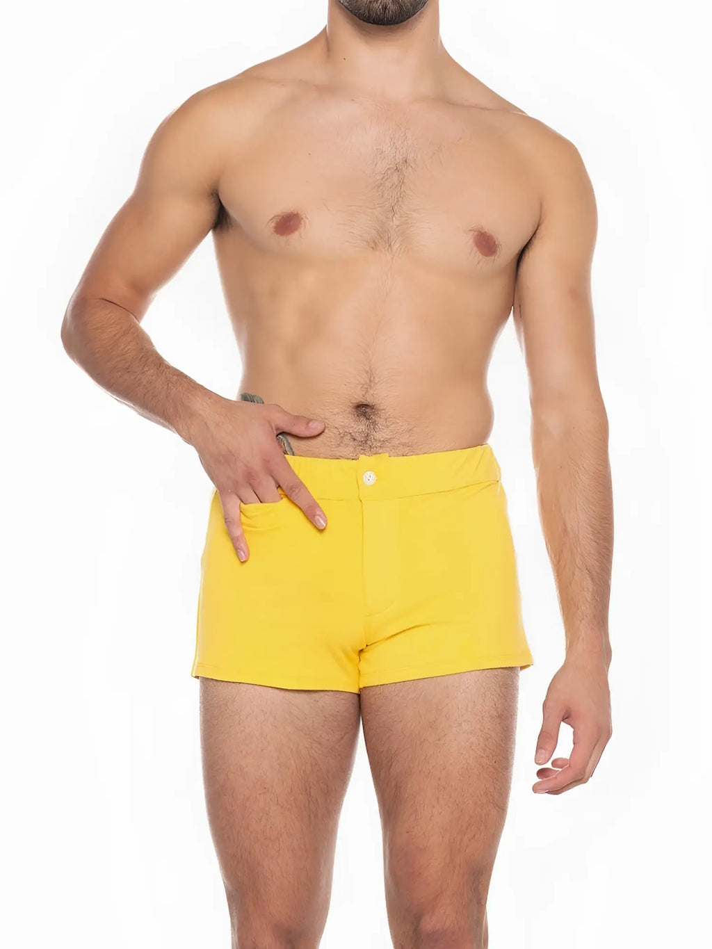 Bright yellow a j sports short swim trunks with a single button closure and side pockets for casual wear