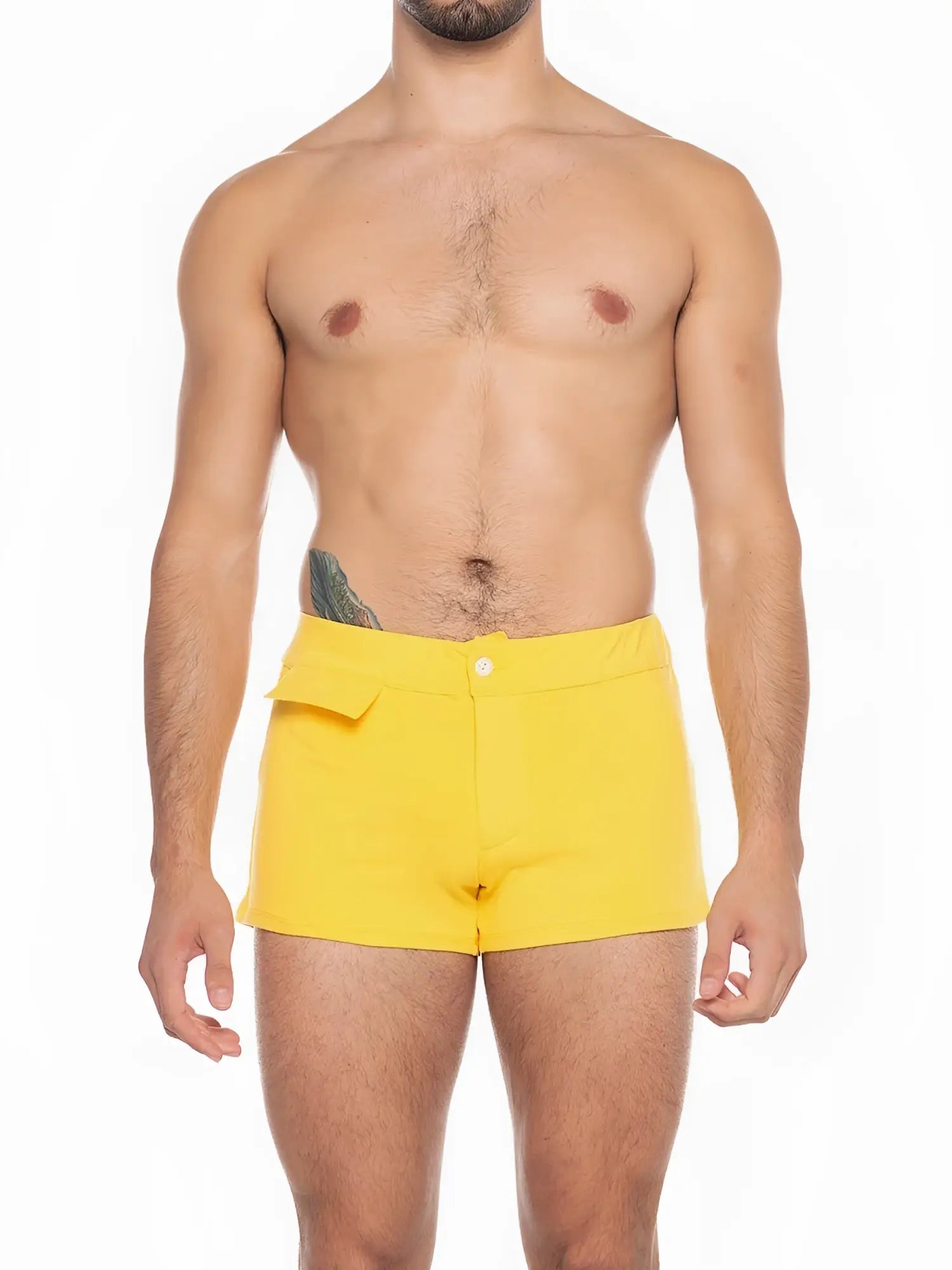Bright yellow A J Sports short swim trunks with single button closure and front flap pocket for beachwear