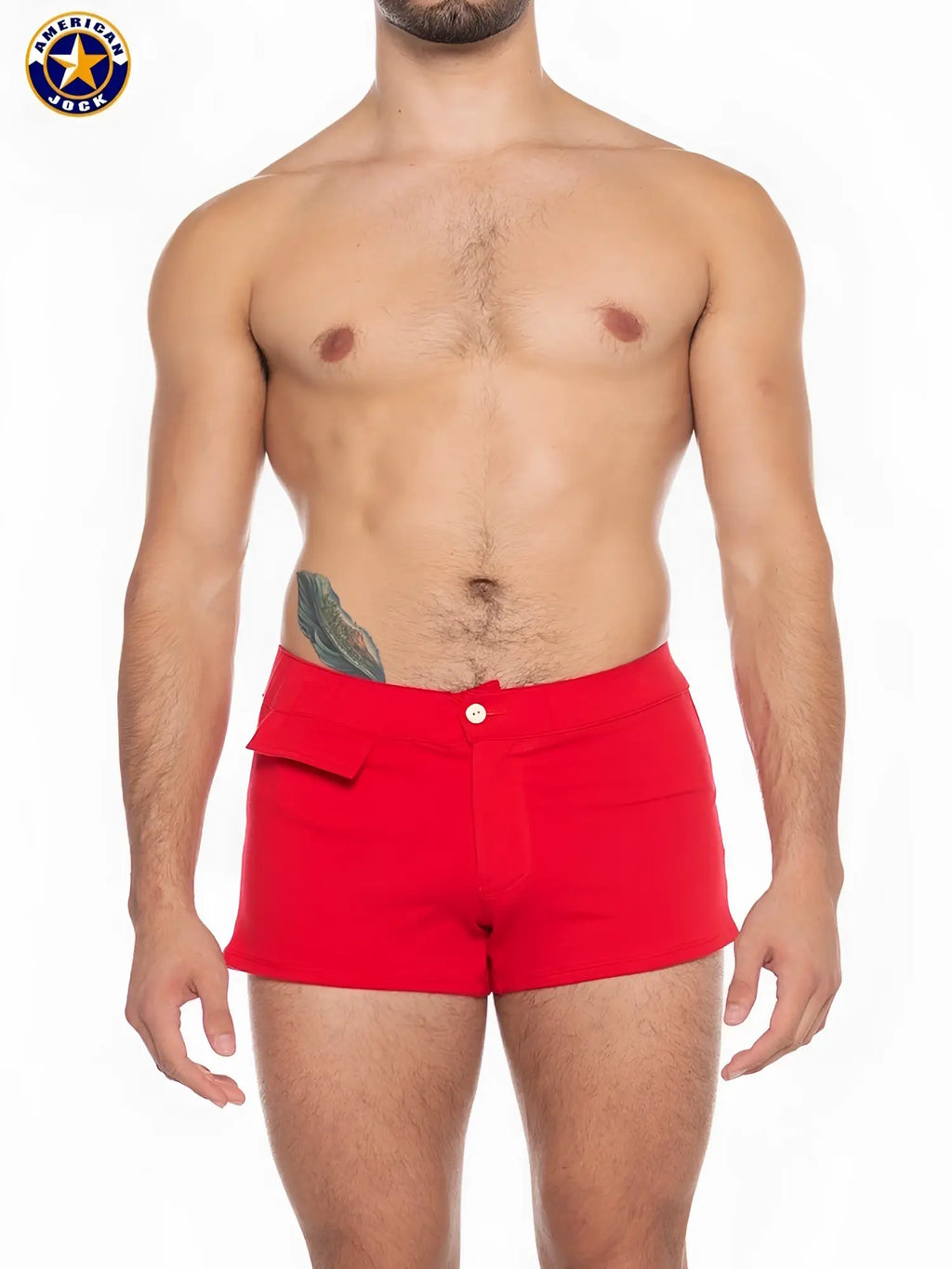 Red american jack a j sports short swim trunks with a white button closure and front flap pocket