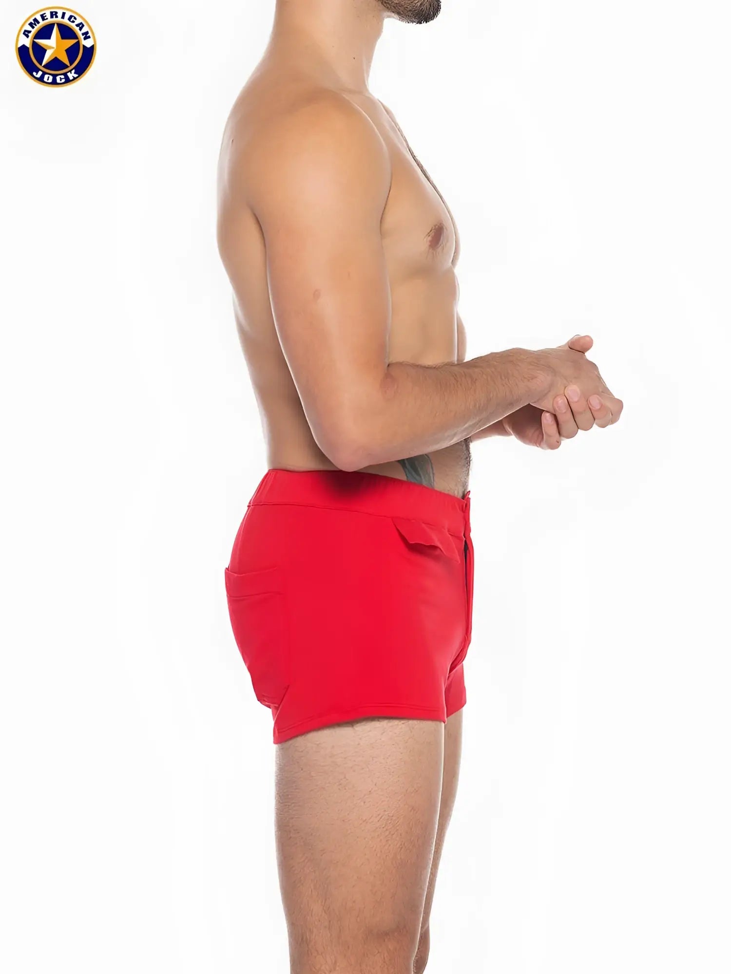 Red american jack swim trunks with sleek modern cut and side pockets featured in a j sports short product