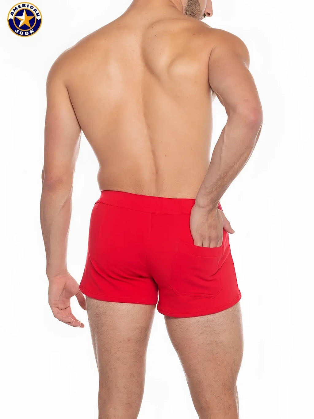 A j sports short in red with solid color design and side pockets for american jock men
