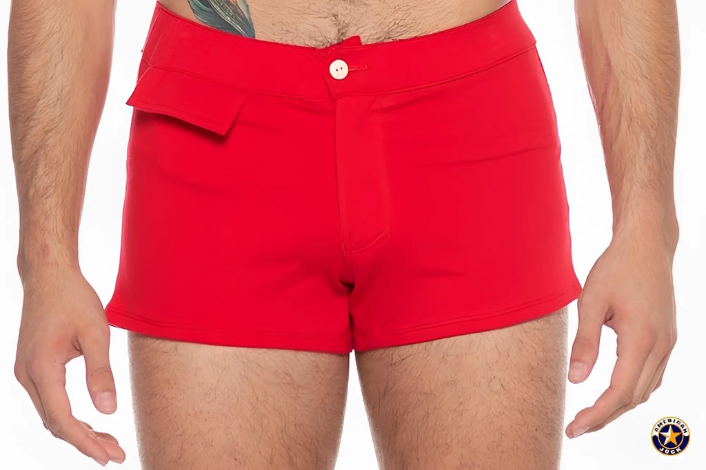 A j sports short red denim shorts with a white button and a side flap pocket for casual wear