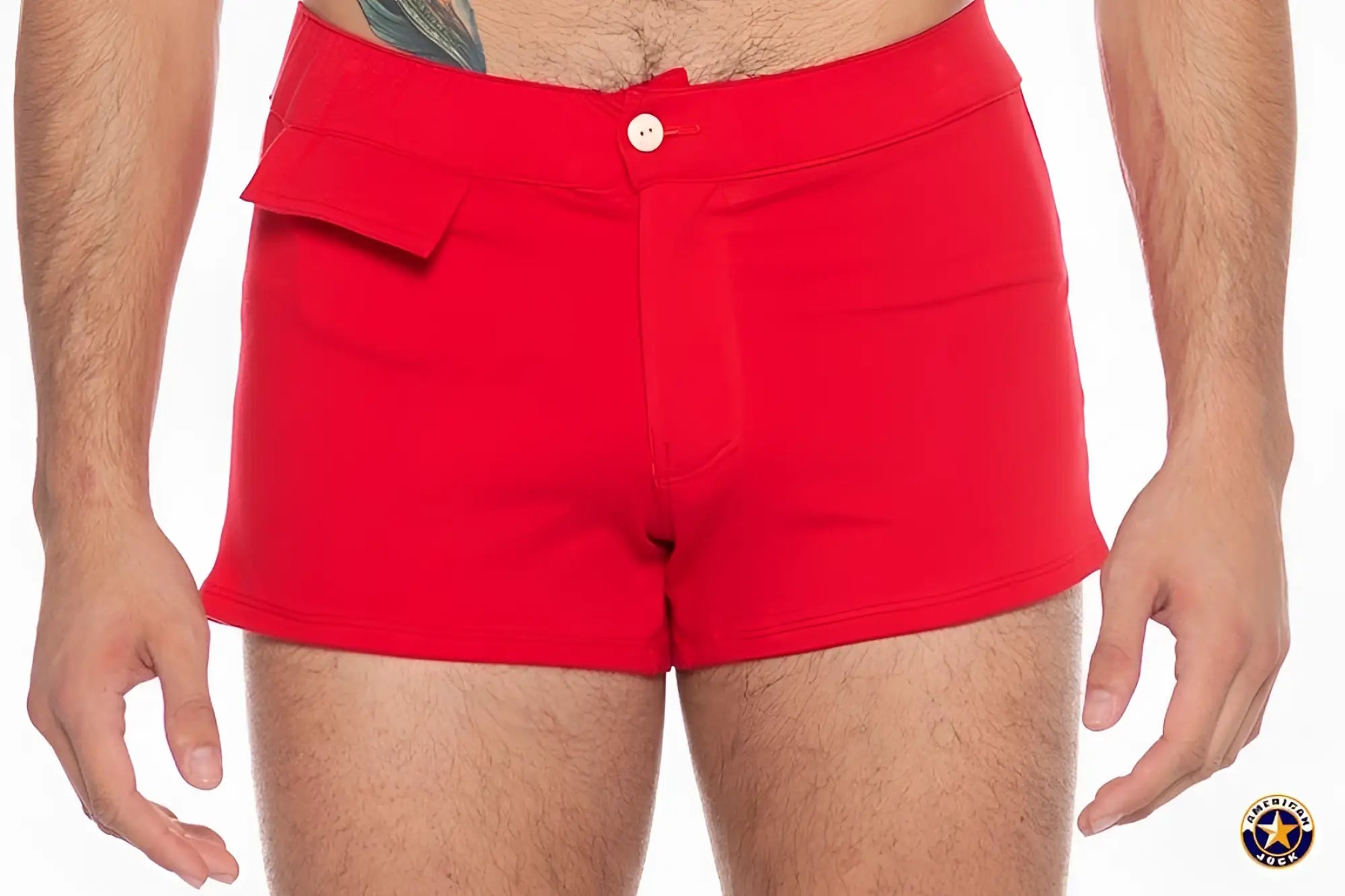 A j sports short red denim shorts with a white button and a side flap pocket for casual wear