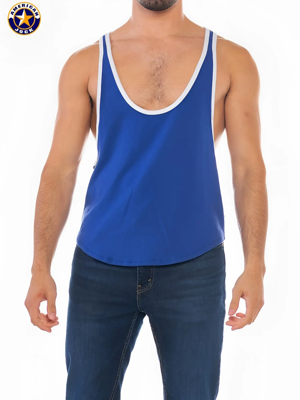 Blue american jock stringer tank top with white trim designed for sports and activewear use