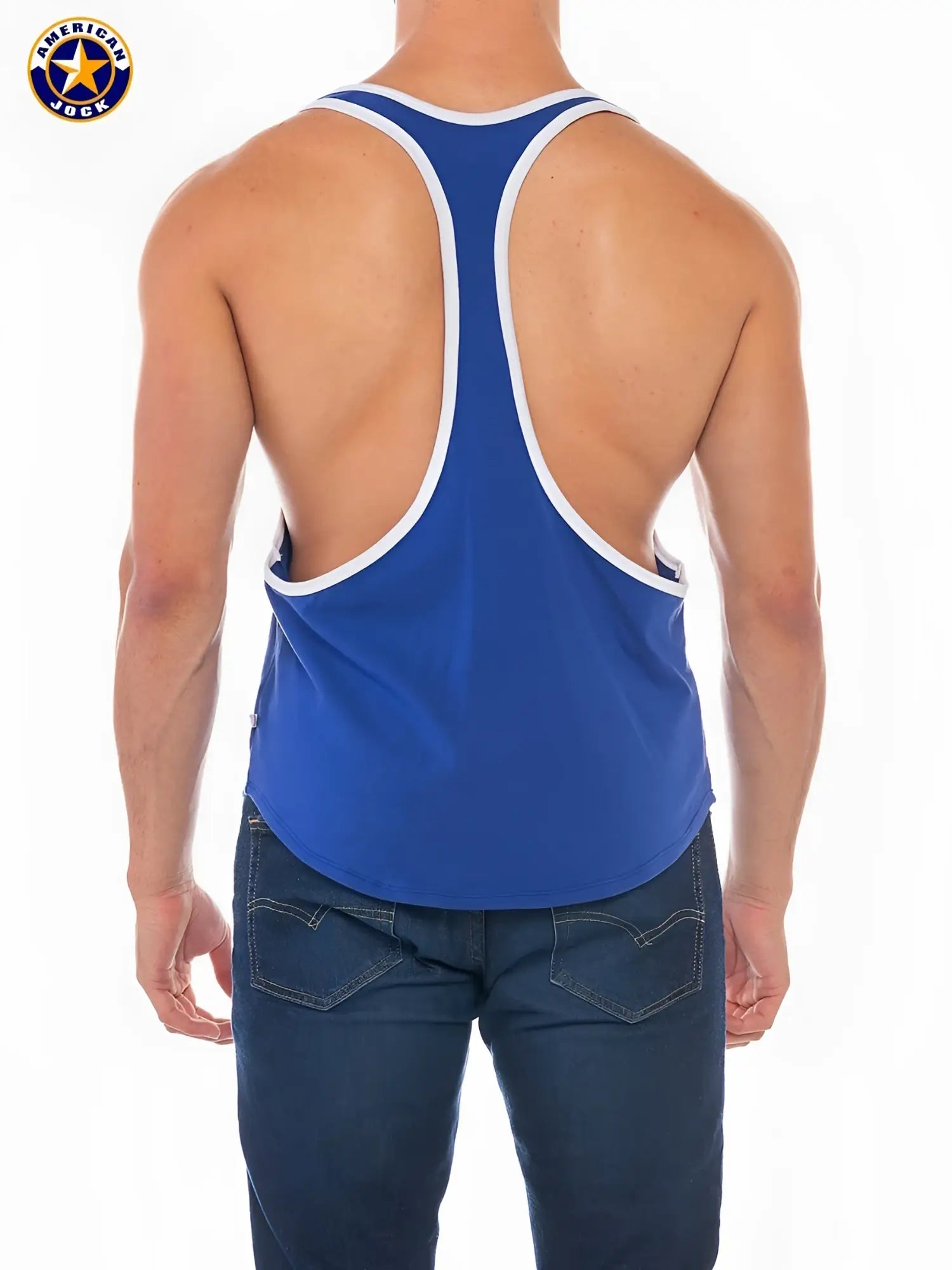 Blue american lock tank top with white trim and racerback design by a j sports stringer tank for athletic wear