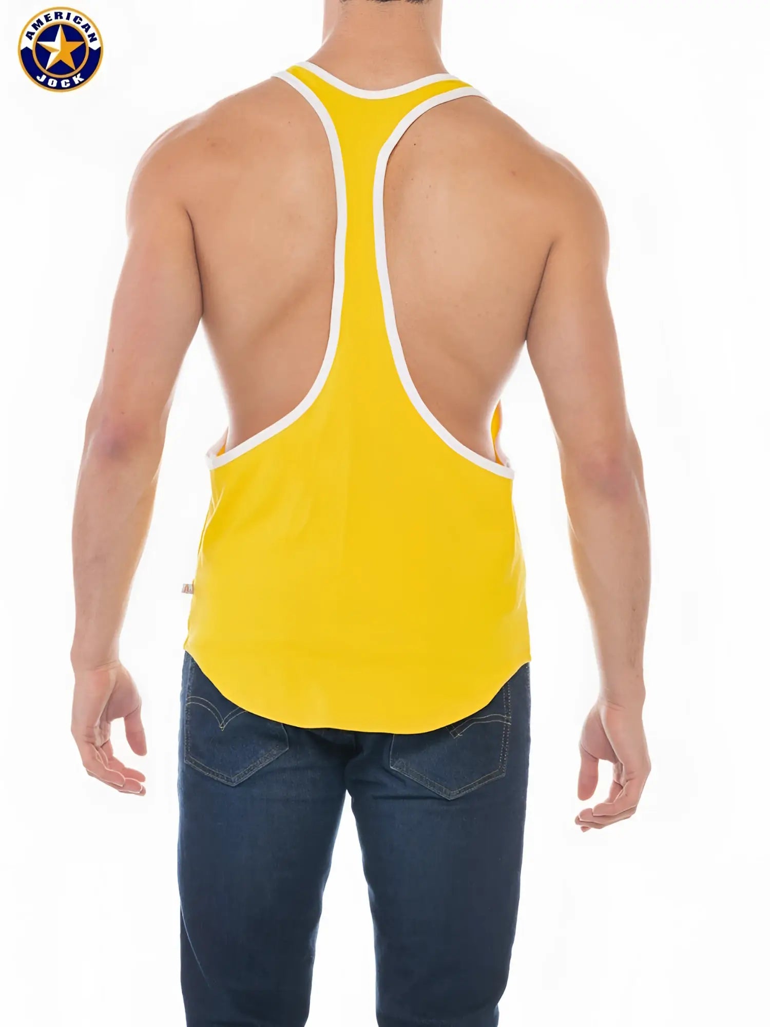 Bright yellow a j sports stringer tank top with white trim and racerback design for athletic wear