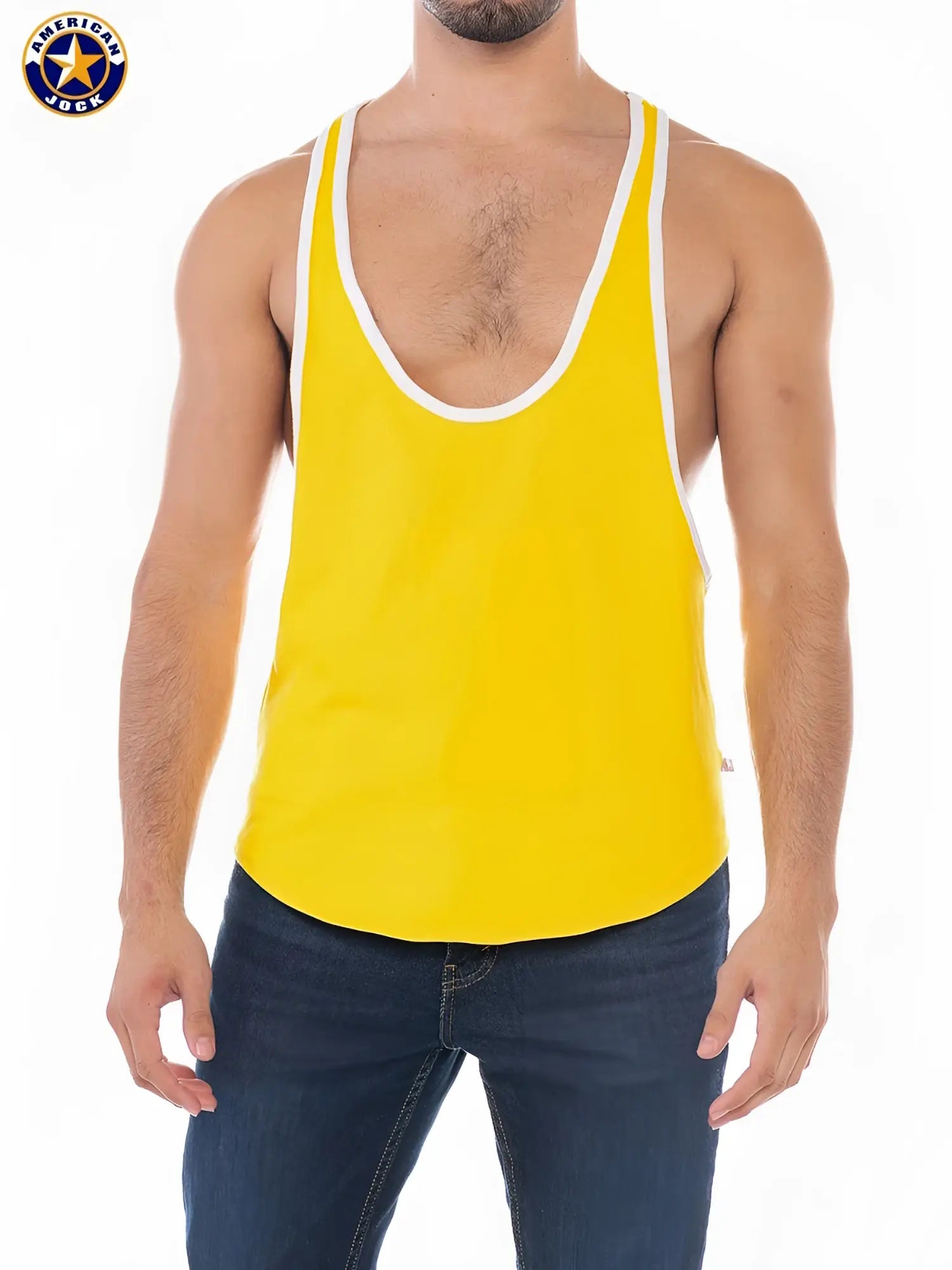 Bright yellow american jack stringer tank top with white trim designed for athletic use