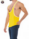 A J Sports stringer tank featuring a bright yellow american vock tank top with white trim for athletic wear