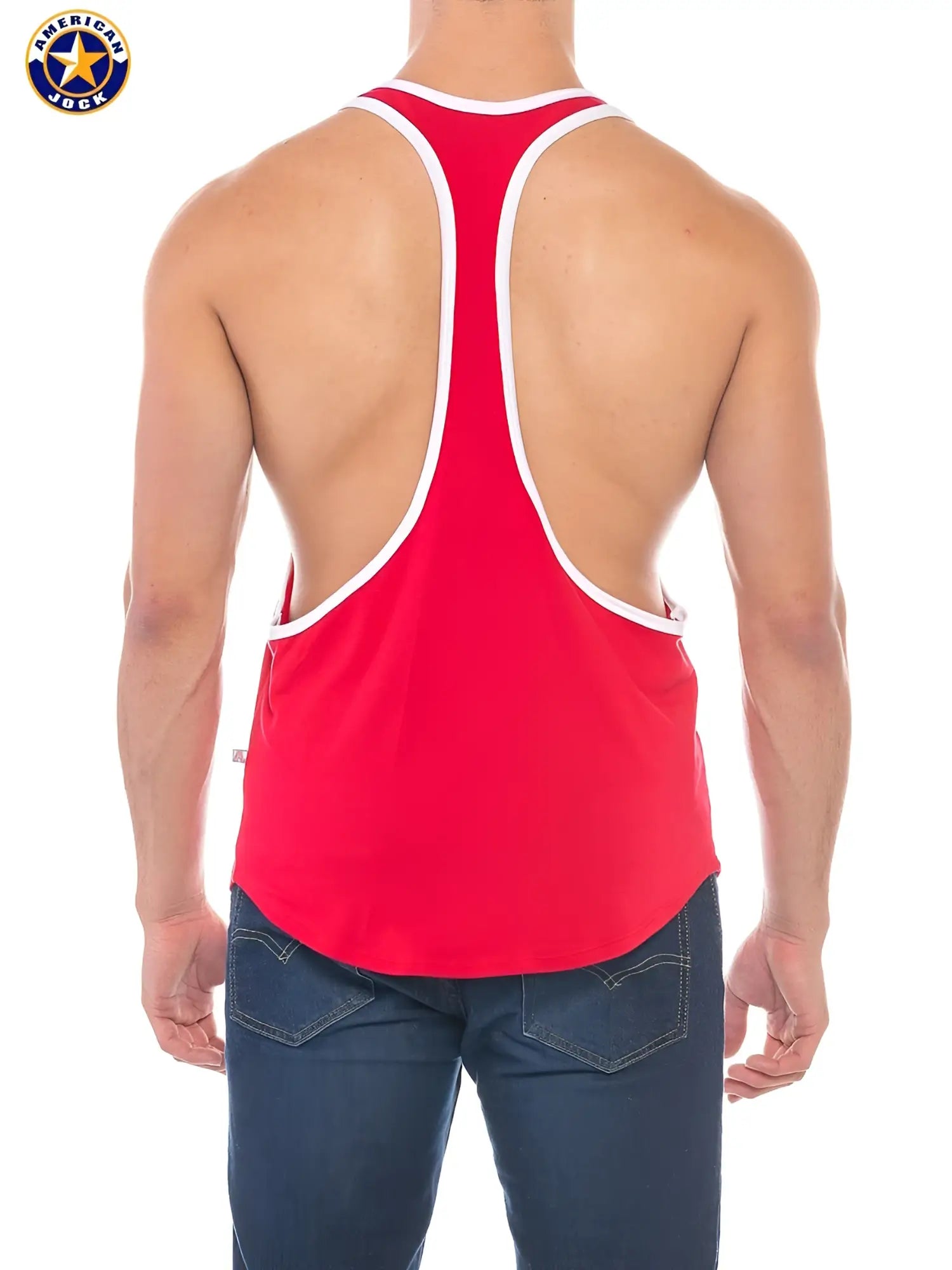 Red american jack tank top with white trim and a cutout back shown from the back in aj sports stringer tank design