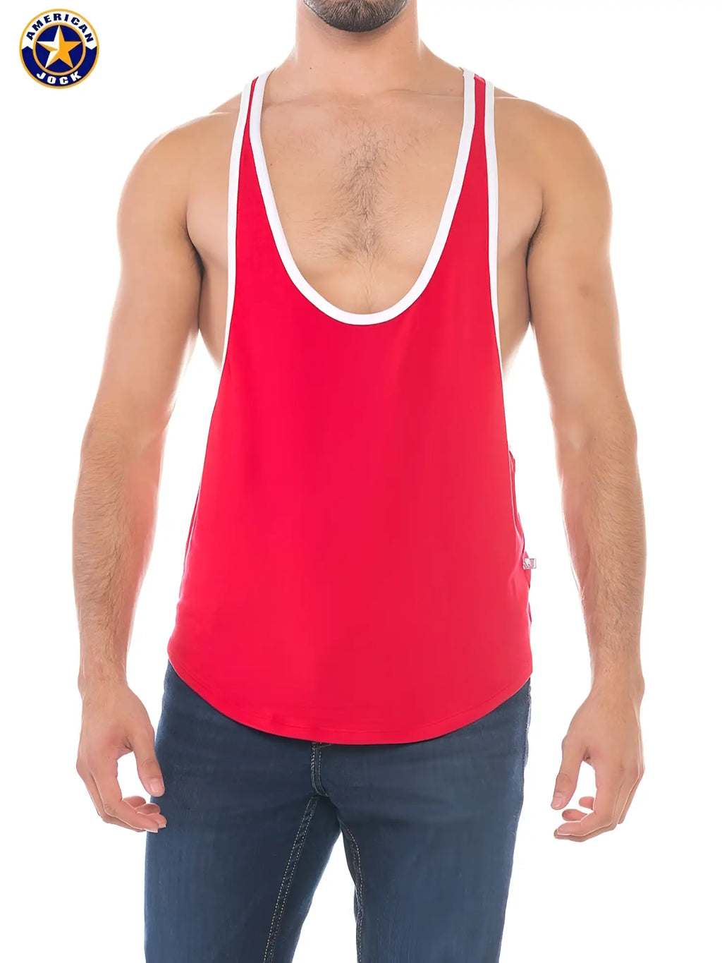 Red american jack stringer tank top in breathable fabric with white trim ideal for sports and casual wear