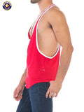 Red a j sports stringer tank top back side showing white trim and deep cutout in breathable fabric