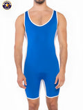 A j sports takedown singlet in blue and white with a fitted seamless design ideal for american jock wrestling