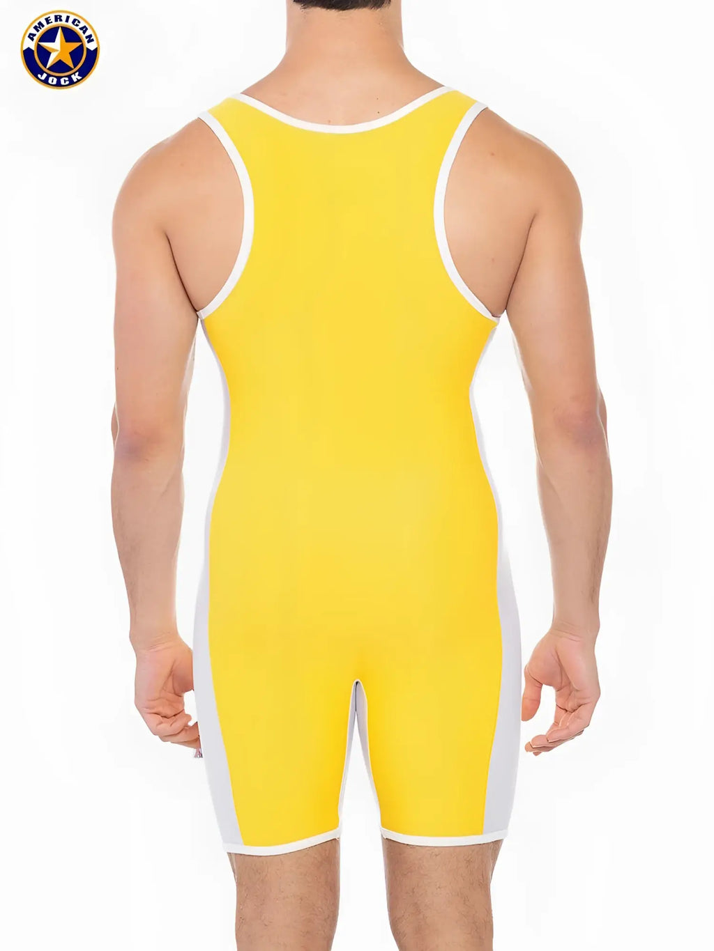 A j sports takedown singlet in bright yellow american lock material with white trim on neckline armholes and sides
