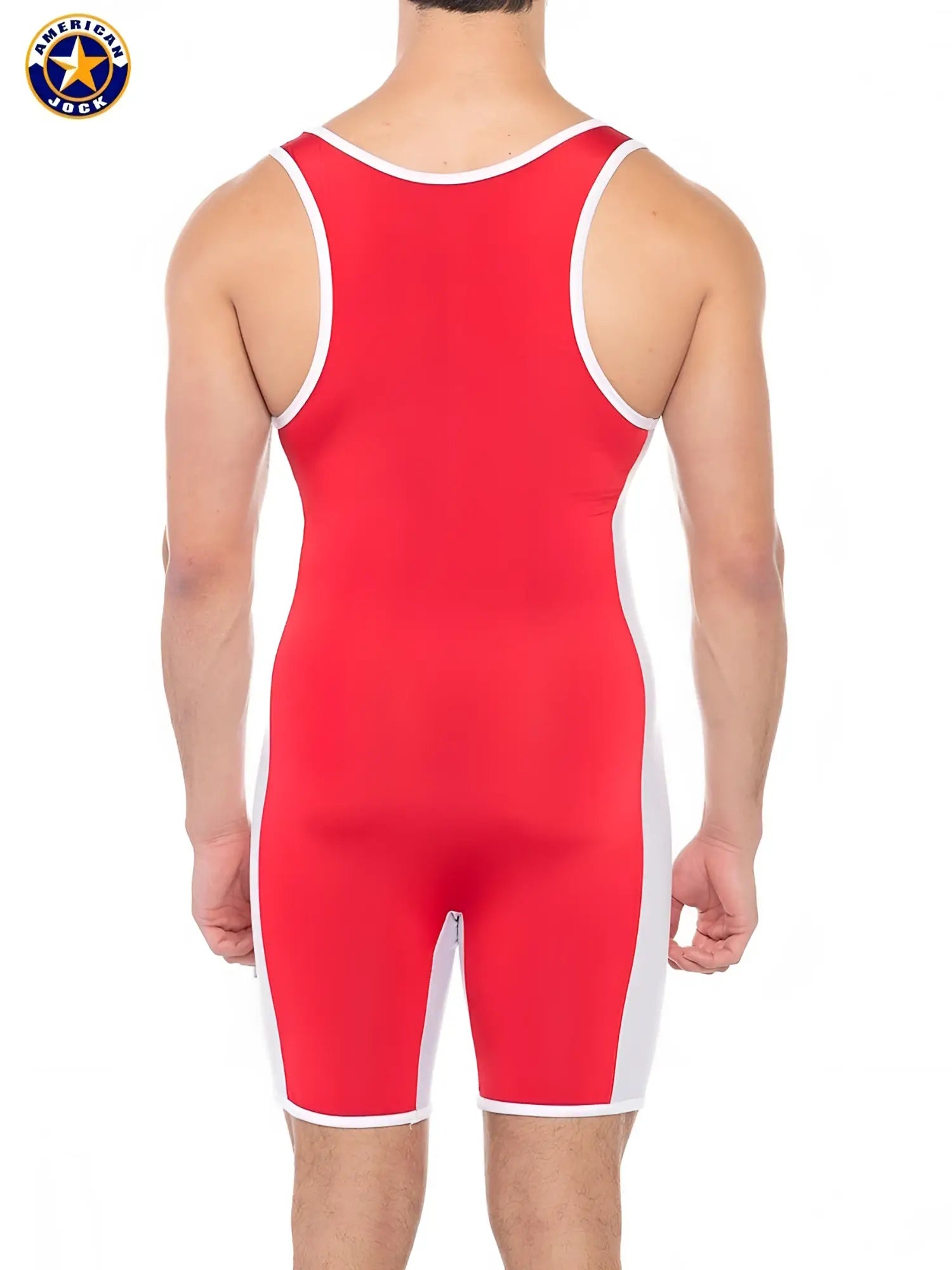 A j sports takedown singlet in red american glory with white trim along neckline armholes and sides