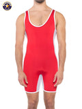 A j sports takedown singlet in red and white with a snug form-fitting design for american vogue wrestling
