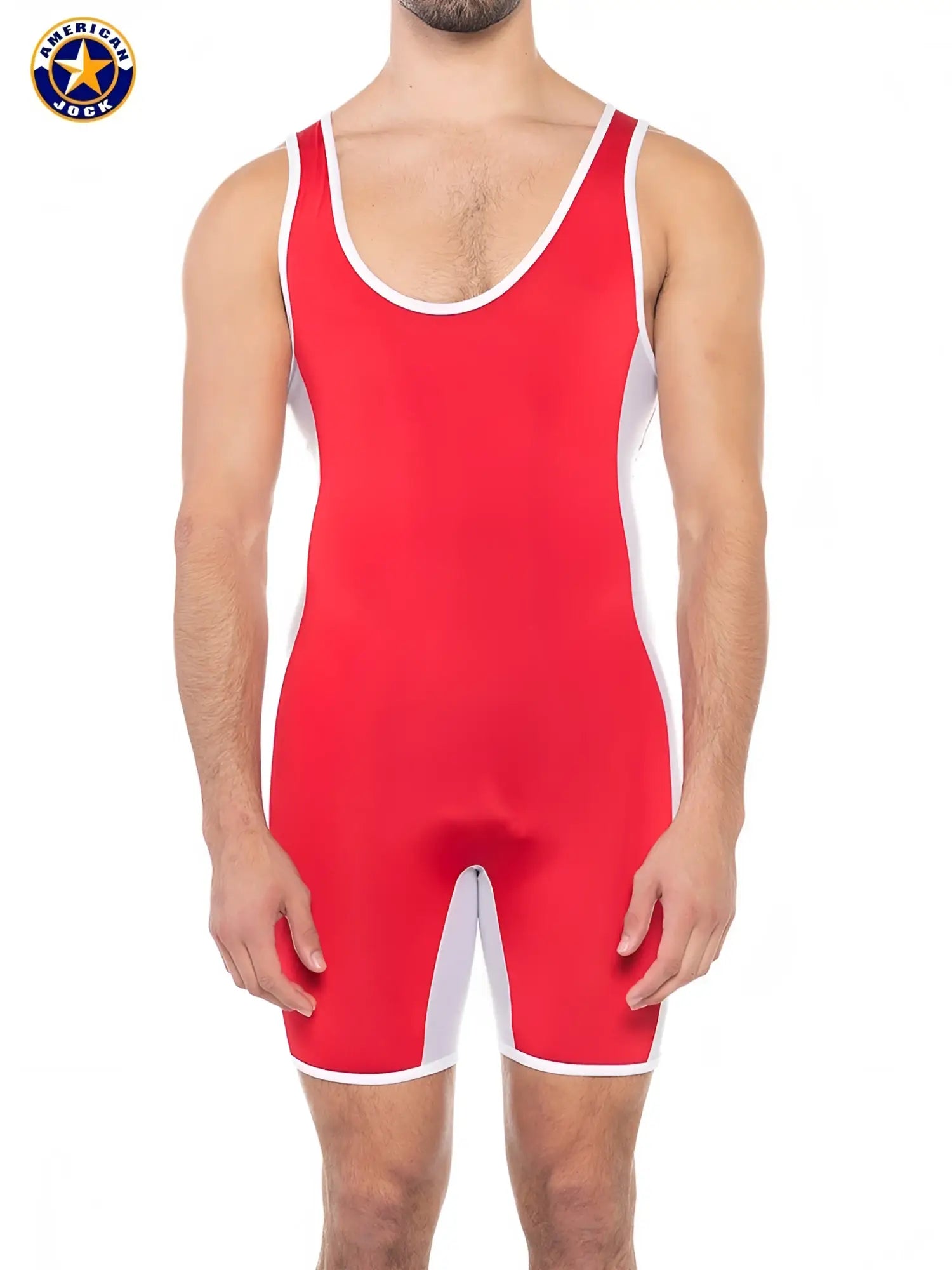 A j sports takedown singlet in red and white with a snug form-fitting design for american vogue wrestling