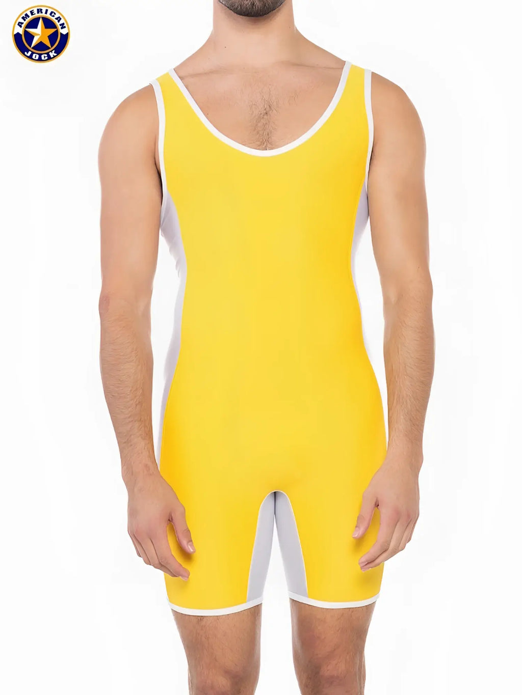 A j sports takedown singlet in yellow with white trim american jack wrestling design for performance use