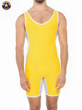 A j sports takedown singlet in yellow with white trim american jack wrestling design for performance use