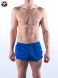 Bright blue american jack a j ultra running shorts with elastic waistband and black side tabs for athletic use